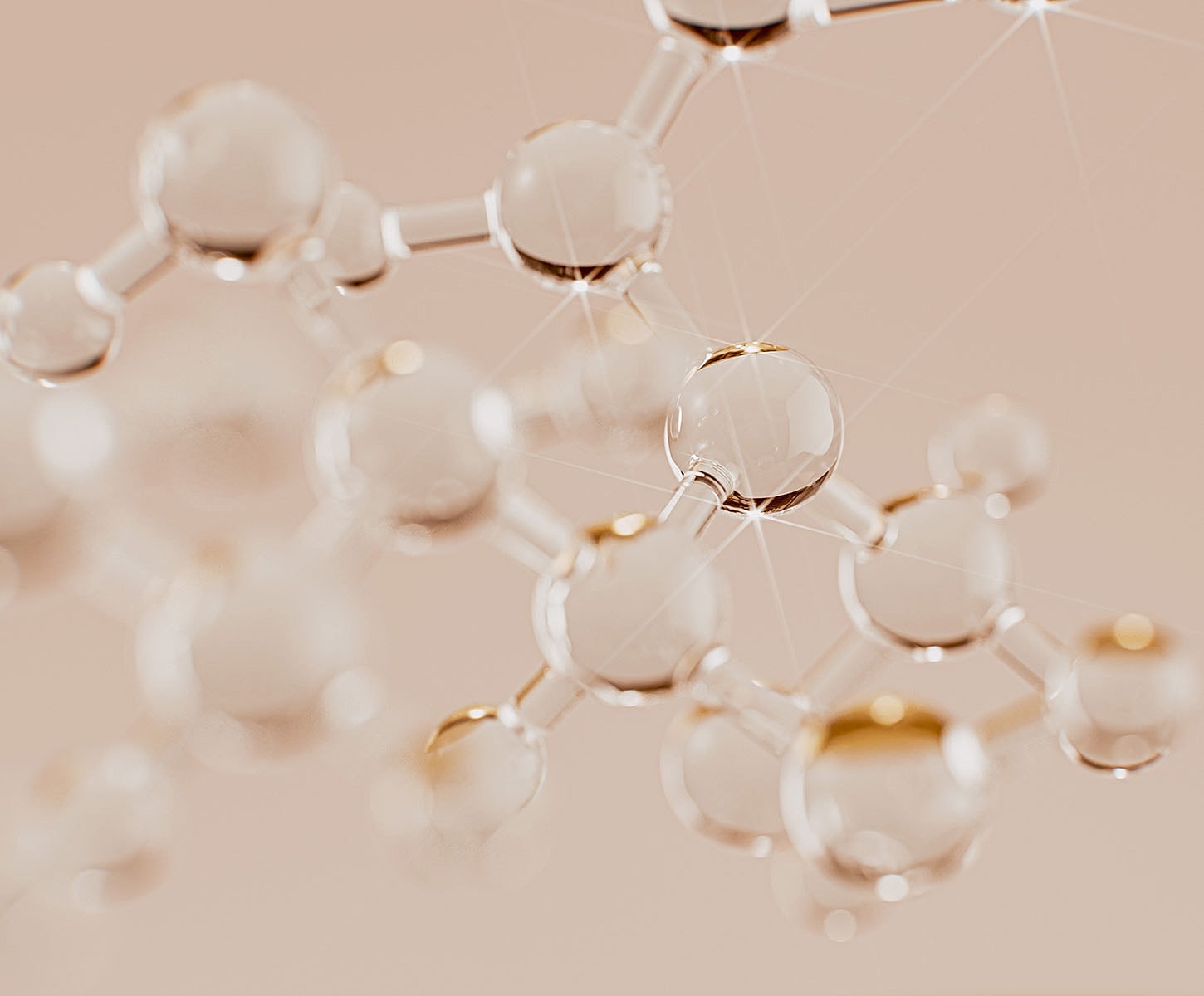 Molecular structure with transparent spheres and connections.