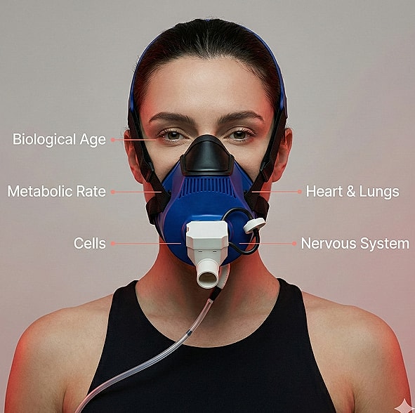 Woman wearing a metabolic testing mask.