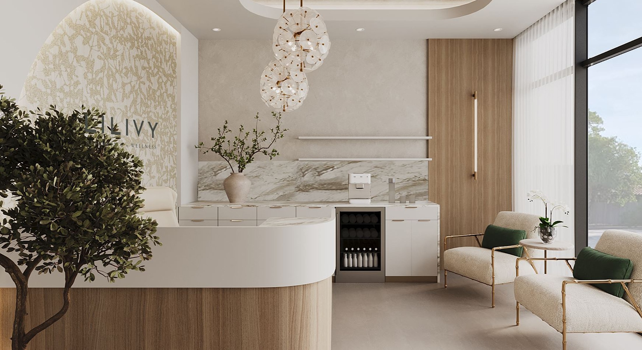 Modern wellness reception area with elegant decor.