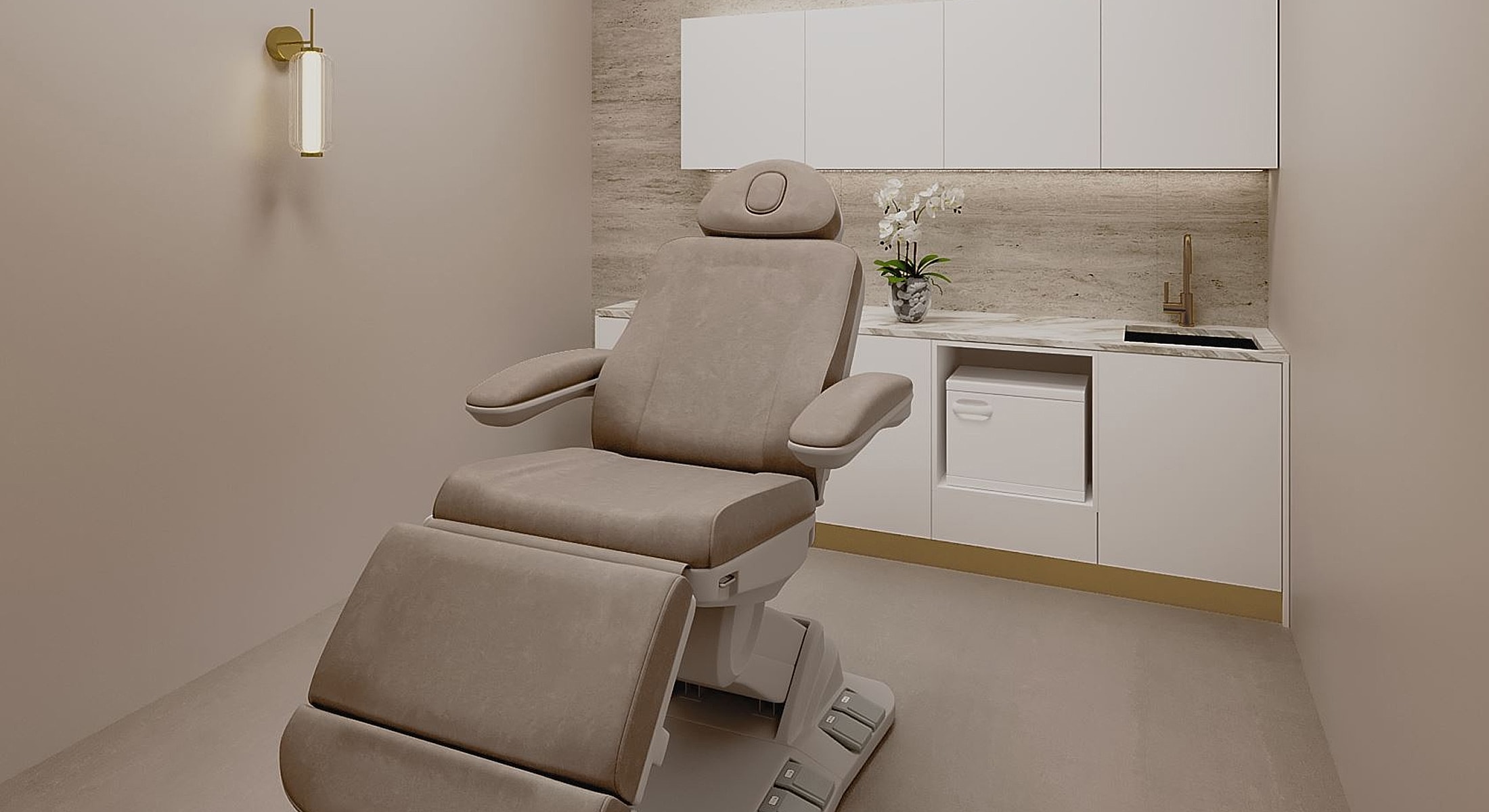 Modern treatment room with adjustable medical chair.